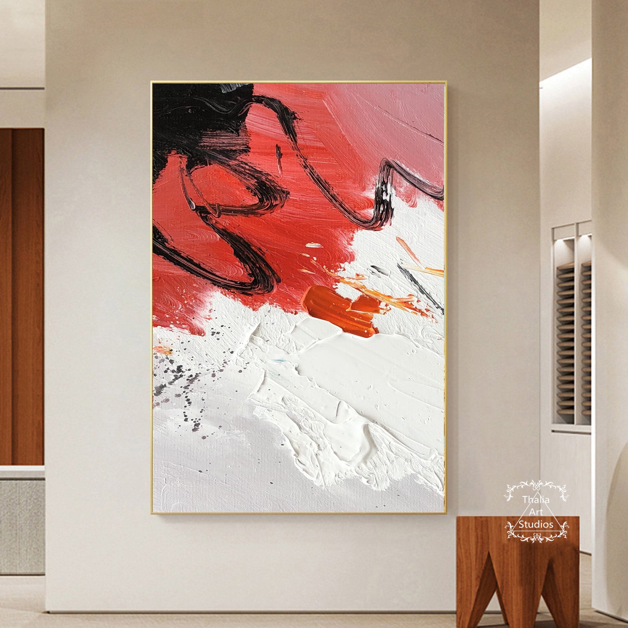 抽象アクリル画 赤と白の表現 白い抽象画 大きな赤いテクスチャ画 白い抽象画 モダンなアクリル画