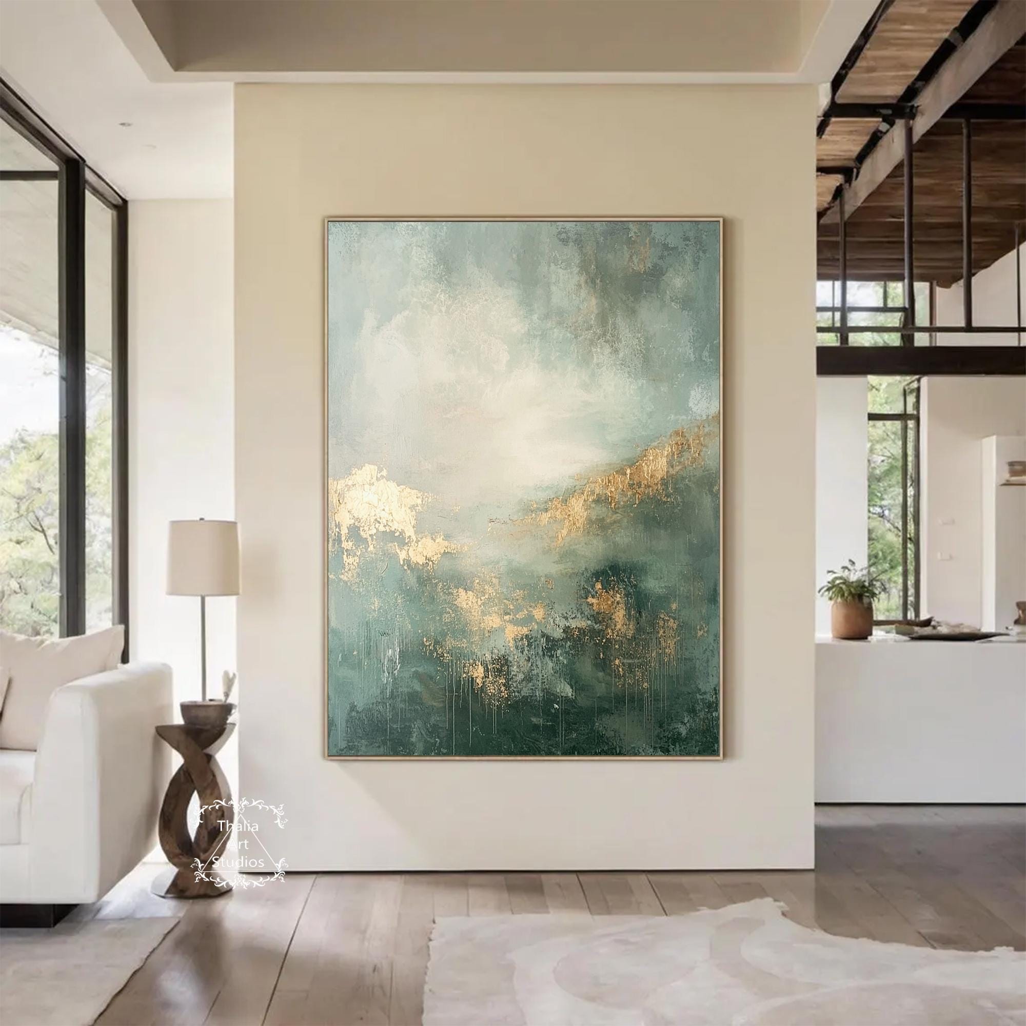 Large Dark Green Abstract Oil Painting Green Minimalist Wall Art Gold ...