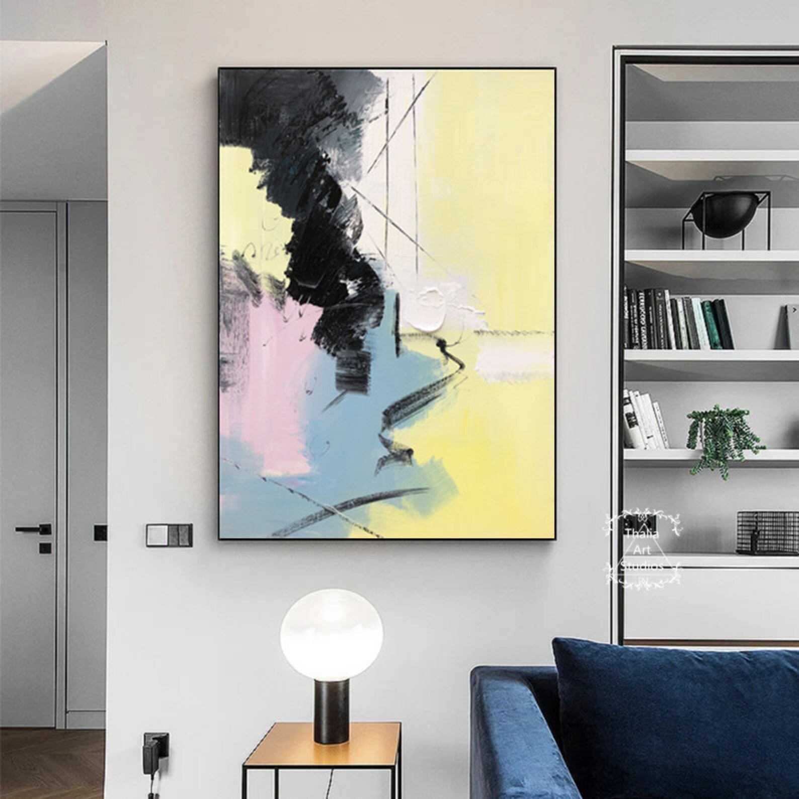 Large Yellow Abstract Canvas Art Original Blue Abstract Etsy