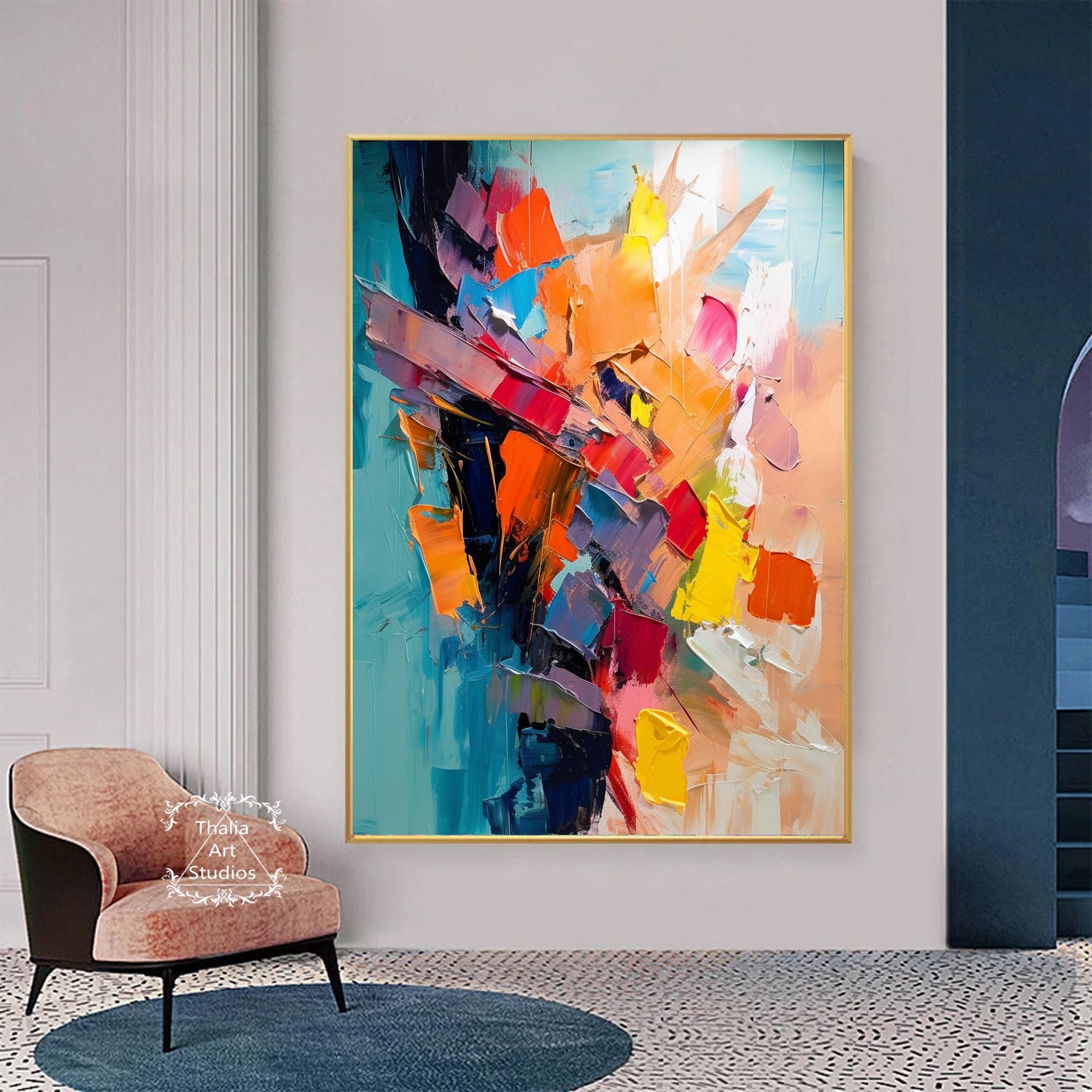 大きなカラフルな抽象画、青と赤の抽象的なテクスチャ画、モダンな