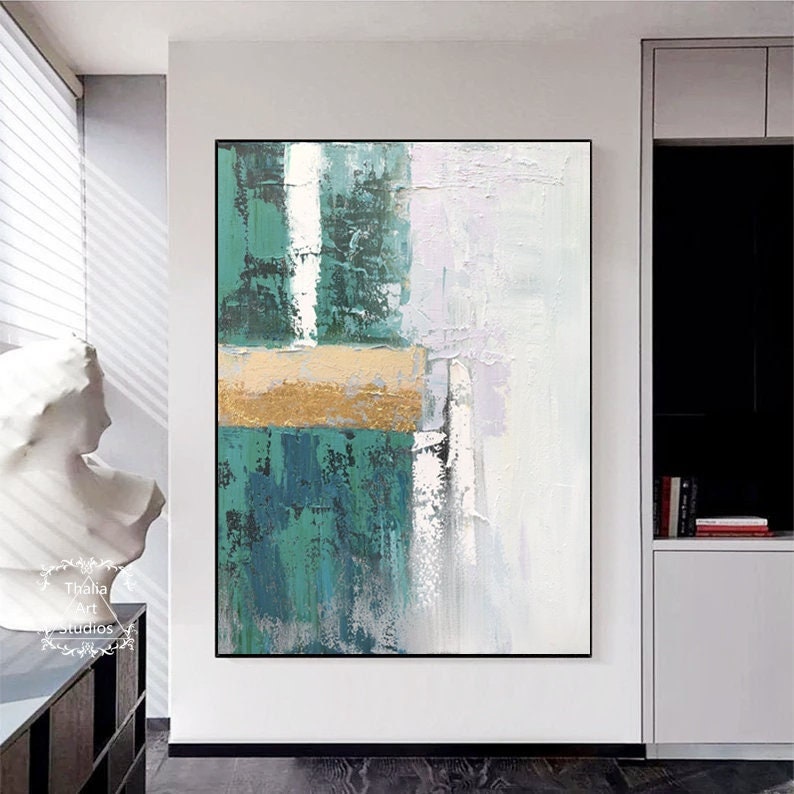Extra Large Painting Heavy Brush Stroke Minimalist Green White Thick
