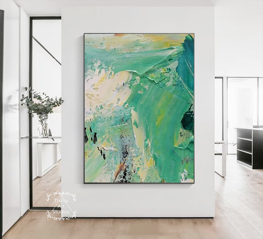Green Abstract Canvas Painting Green Abstract Art Beige Textured Art ...