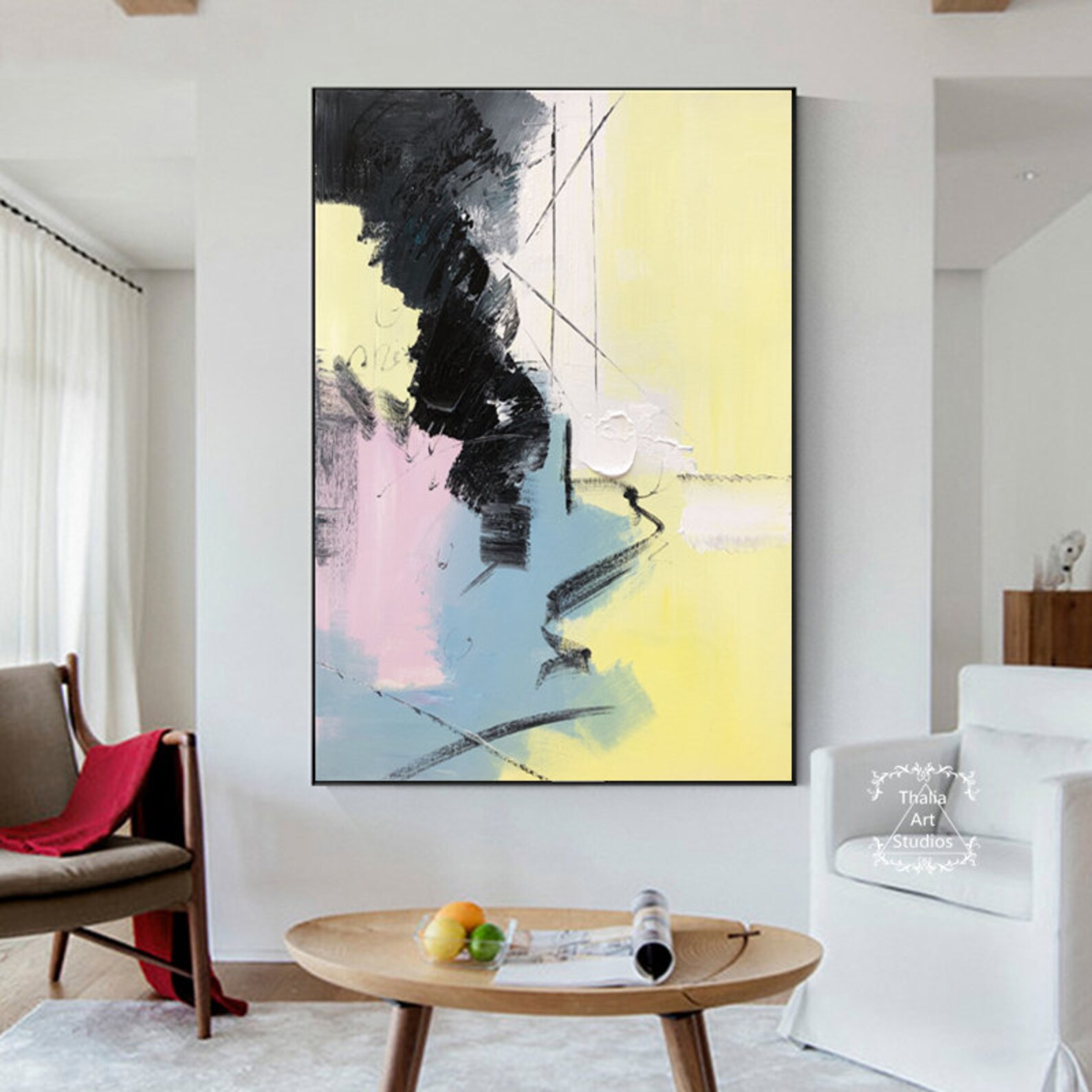 Large Yellow Abstract Canvas Art Original Blue Abstract Etsy