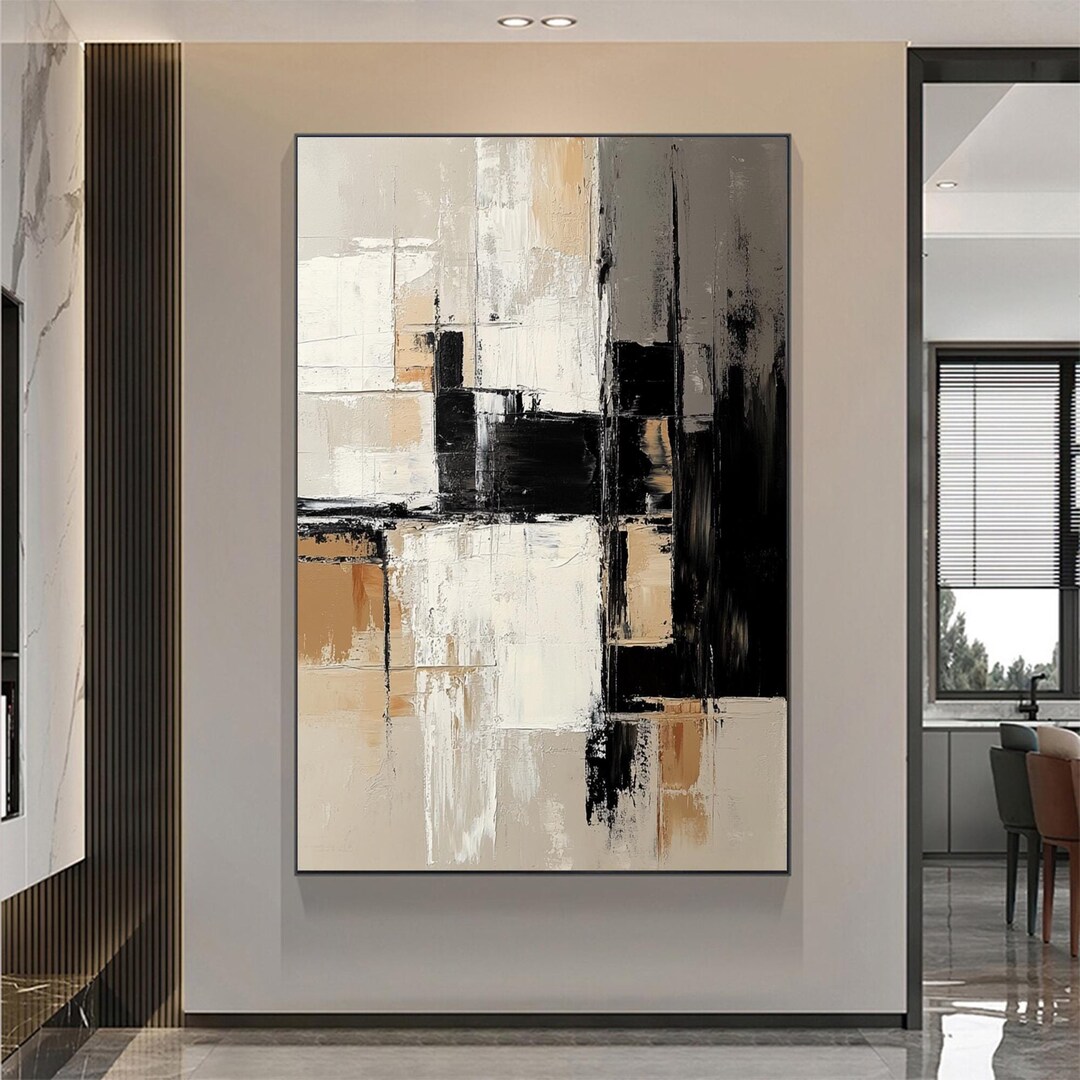 大きな白黒抽象画 オリジナルブラウンテクスチャ抽象壁アート 白抽象画
