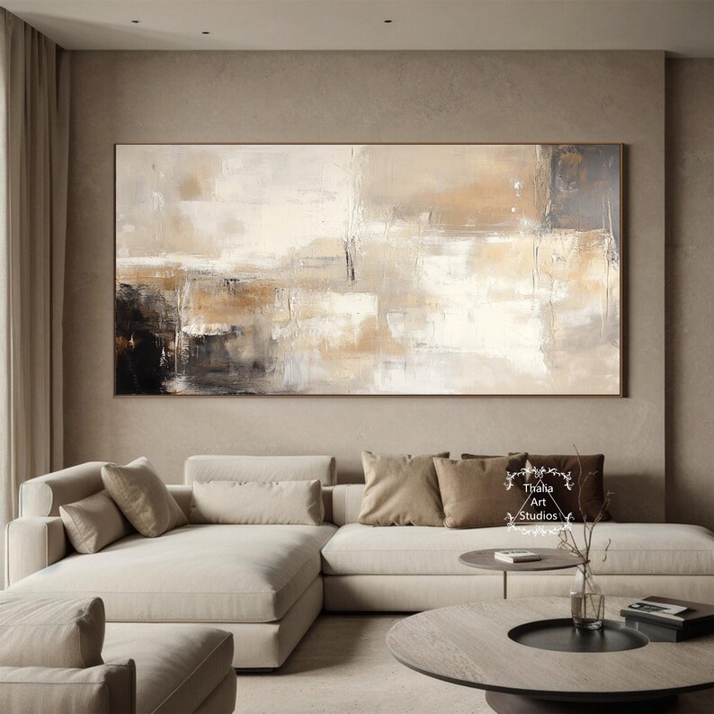 Large Beige Canvas Abstract Oil Painting Beige Minimalist Wall Art Wabi ...