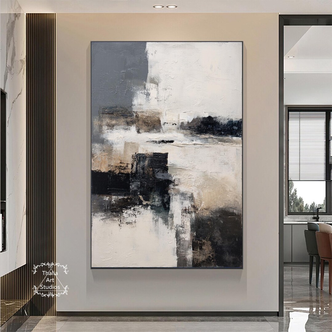 Large Abstract Black and Beige Minimalist Oil Painting Abstract ...