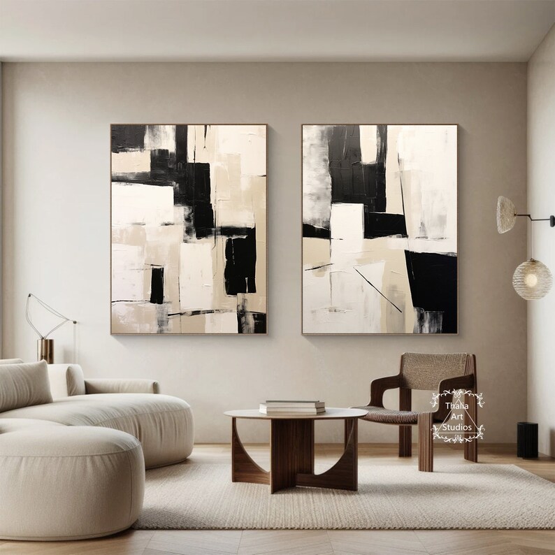 Large Black and Beige Abstract Painting Black Geometric Abstract Wall ...