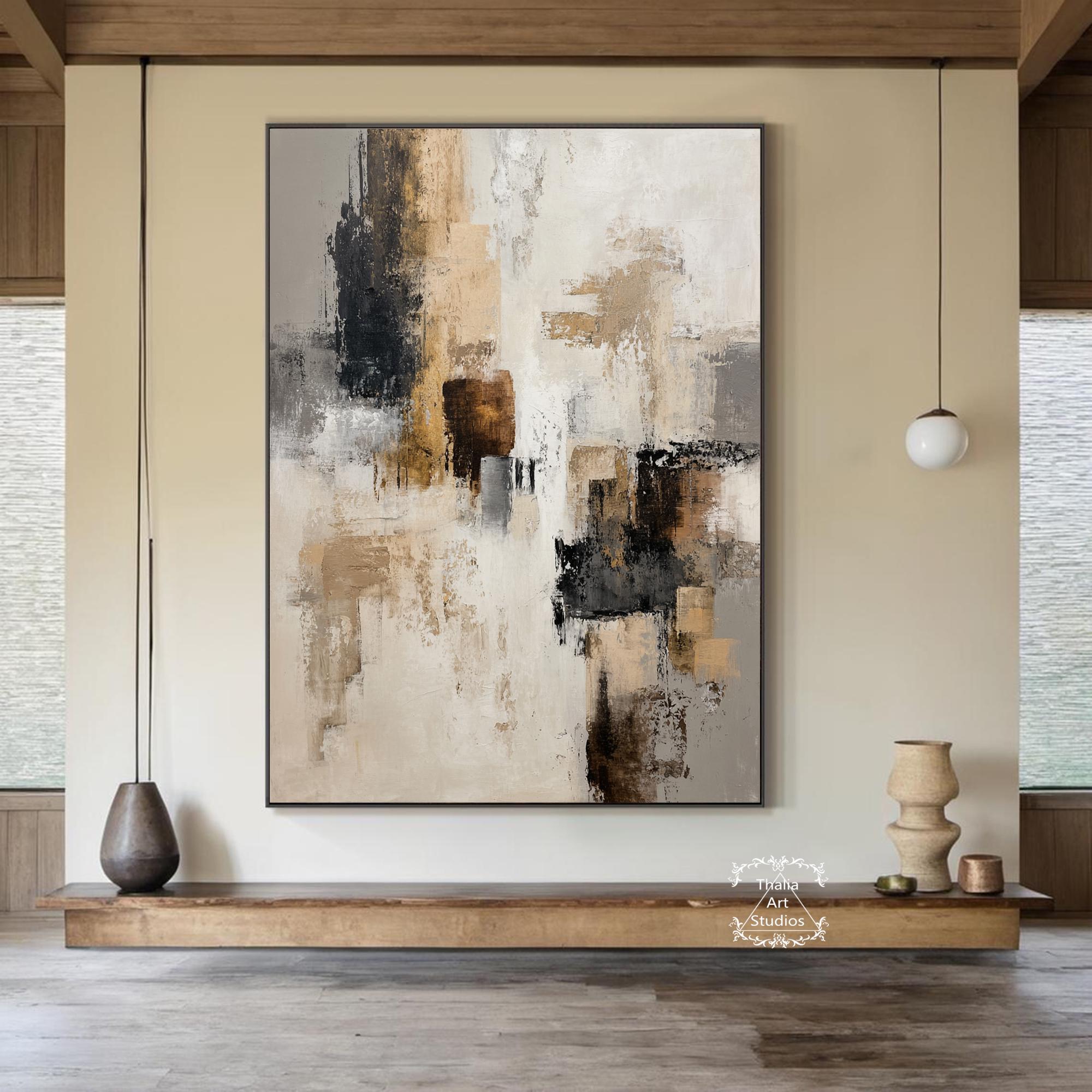 茶色と黒の抽象的なテクスチャ絵画、大きなアクリル黒の抽象的な壁