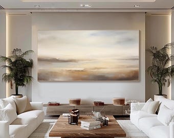 ベージュの風景抽象壁アート 大きなベージュブラウン抽象画 空の風景画