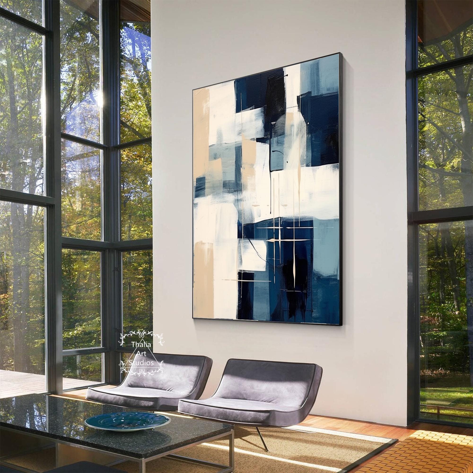 Large Navy Blue Abstract Painting Original Beige and Blue Abstract Painting Dark Blue Minimalist Decorative Wall Art for Living Room