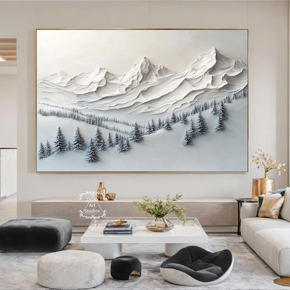 Abstract White Mountain Painting Large Thick Textured Wall Art Large White Textured Painting Snow Mountain Landscape Painting White Wall Art