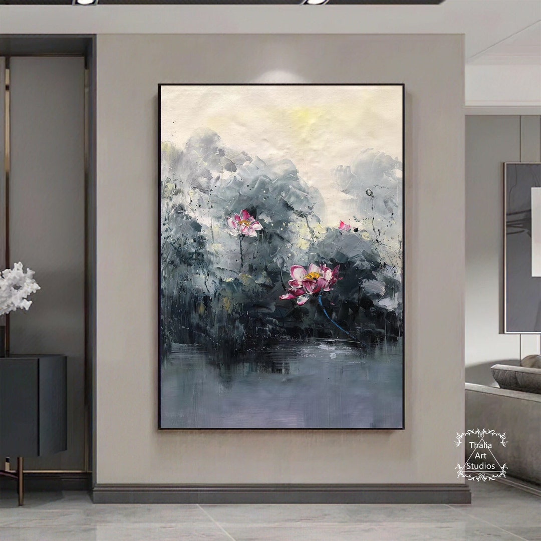 Original Lotus Painting Flower Canvas Landscape Art Large Acrylic ...