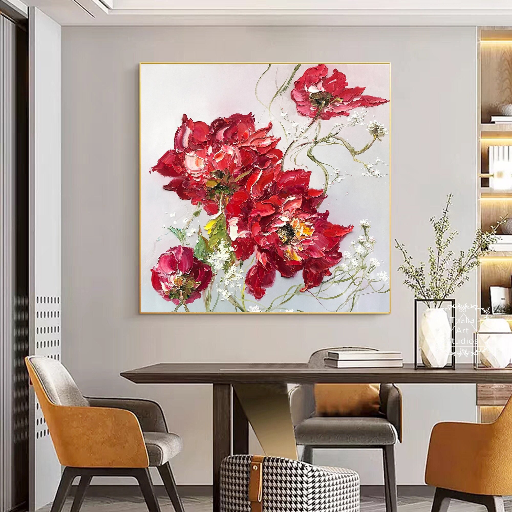 特大の咲き誇る赤い花のキャンバス絵画 オリジナル花柄アクリル