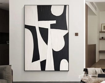 黒と白の幾何学的抽象画 大きな黒のテクスチャ抽象画 白のミニマリスト