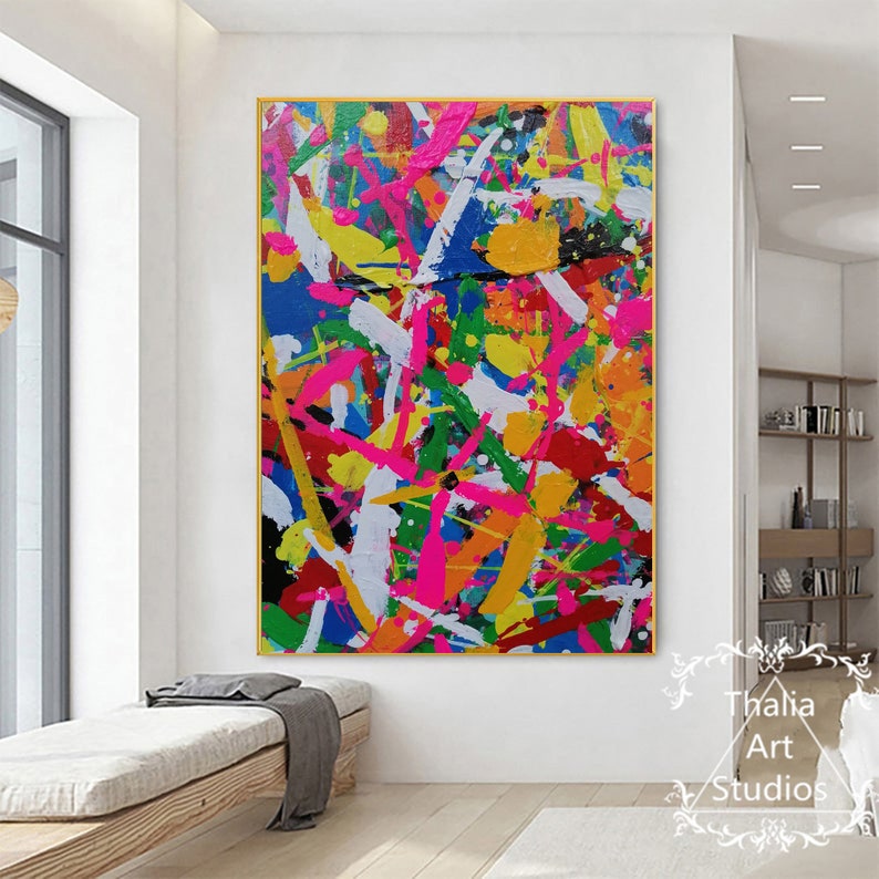 Large Colorful Abstract Painting Bright Abstract Wall Art Pink Etsy