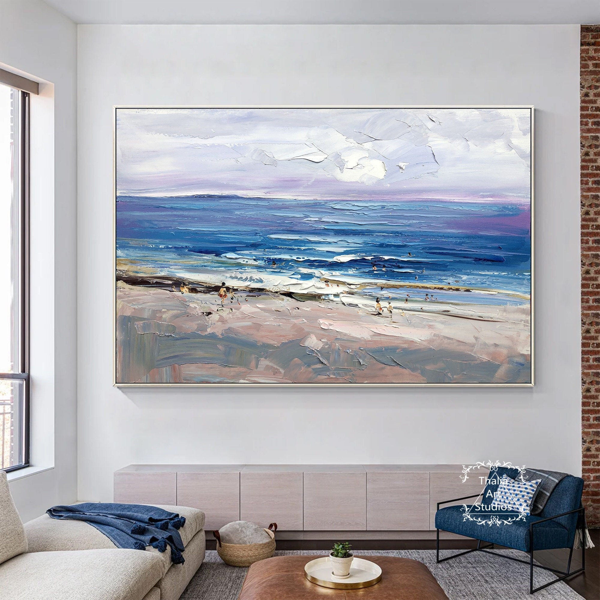 オリジナルビーチ抽象画 青い海の絵画 モダンアクリル抽象アート
