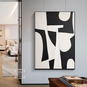 Black and White Geometric Abstract Painting Large Black Textured ...