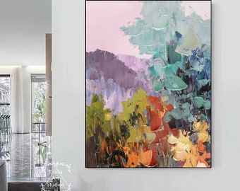 大きな抽象的な山の絵画 カラフルなアクリル画 モダンなテクスチャの