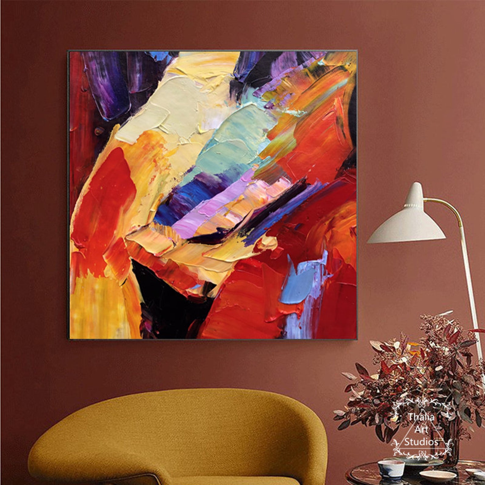 Large Colorful Abstract Wall Art Red Abstract Painting Beige Etsy