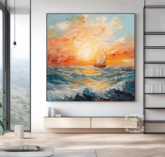 Colorful Seascape Sunrise Painting Original Clouds Texture Canvas