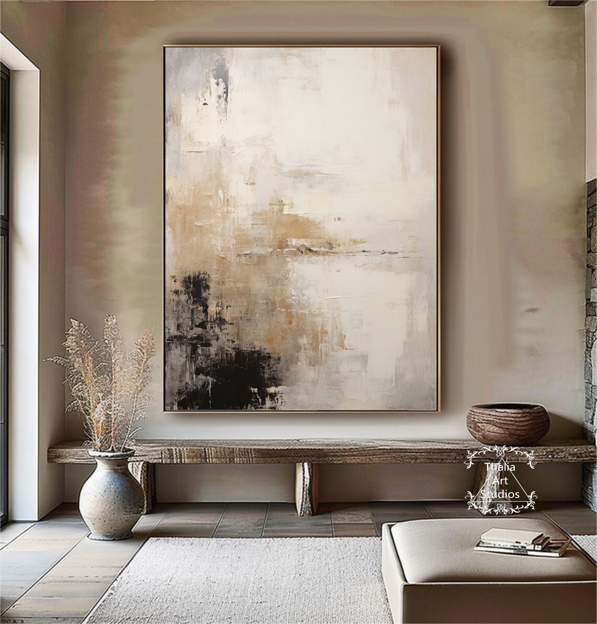 Large Beige Black Abstract Wall Art Black Textured Painting Beige Wabi ...