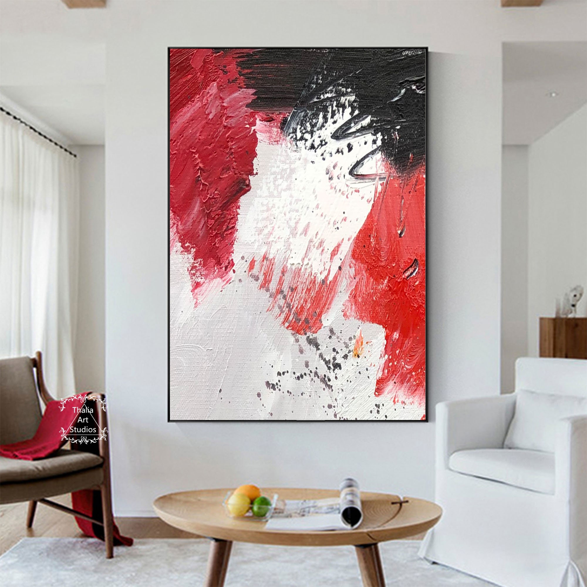 Large Red Abstract Wall Art Modern Red Painting on Canvas Large White ...