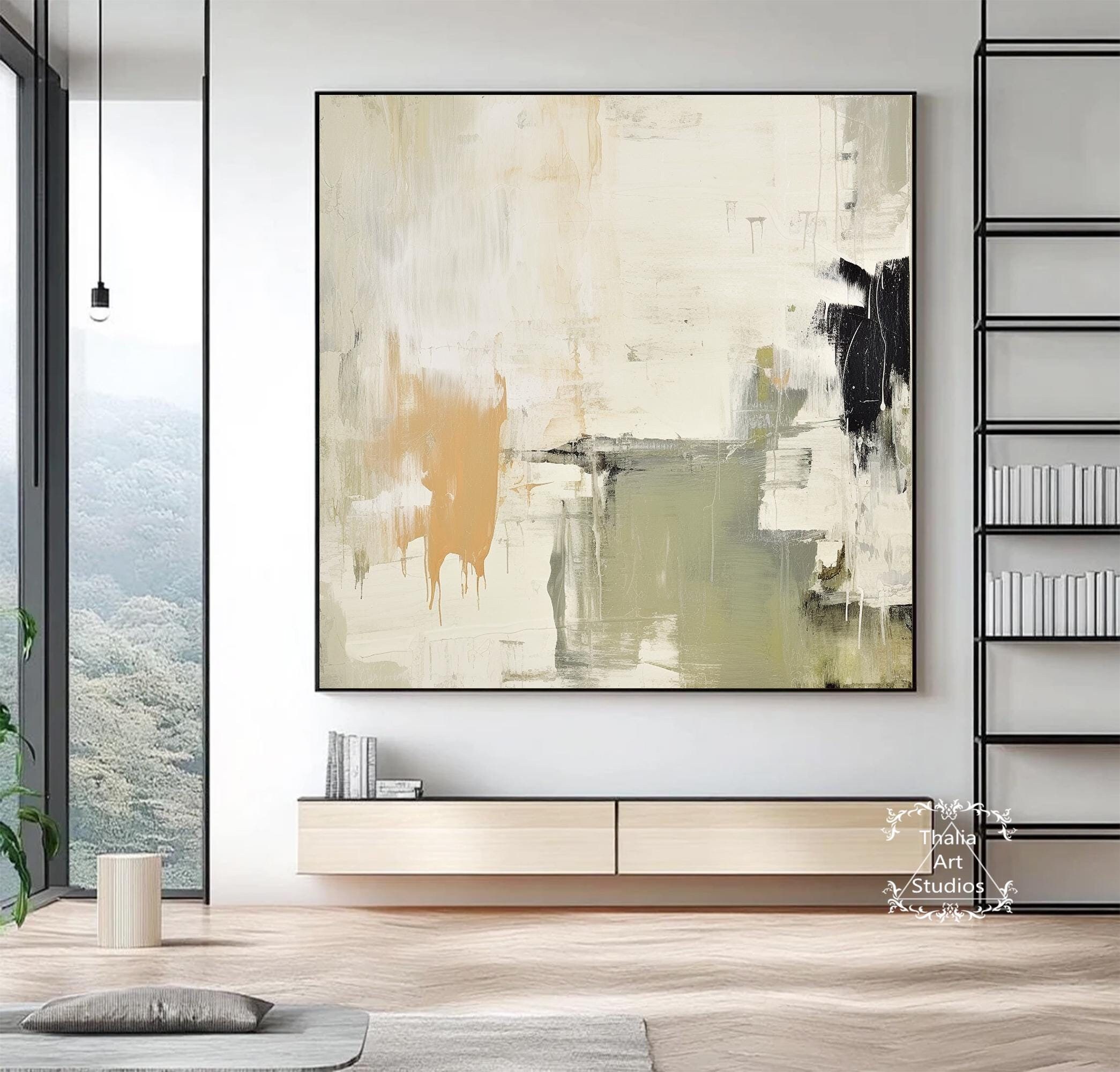 Modern Minimalist Green Abstract Painting Large Beige Abstract Painting Black Textured Wall Art Modern Bedroom Decorative Wall Art