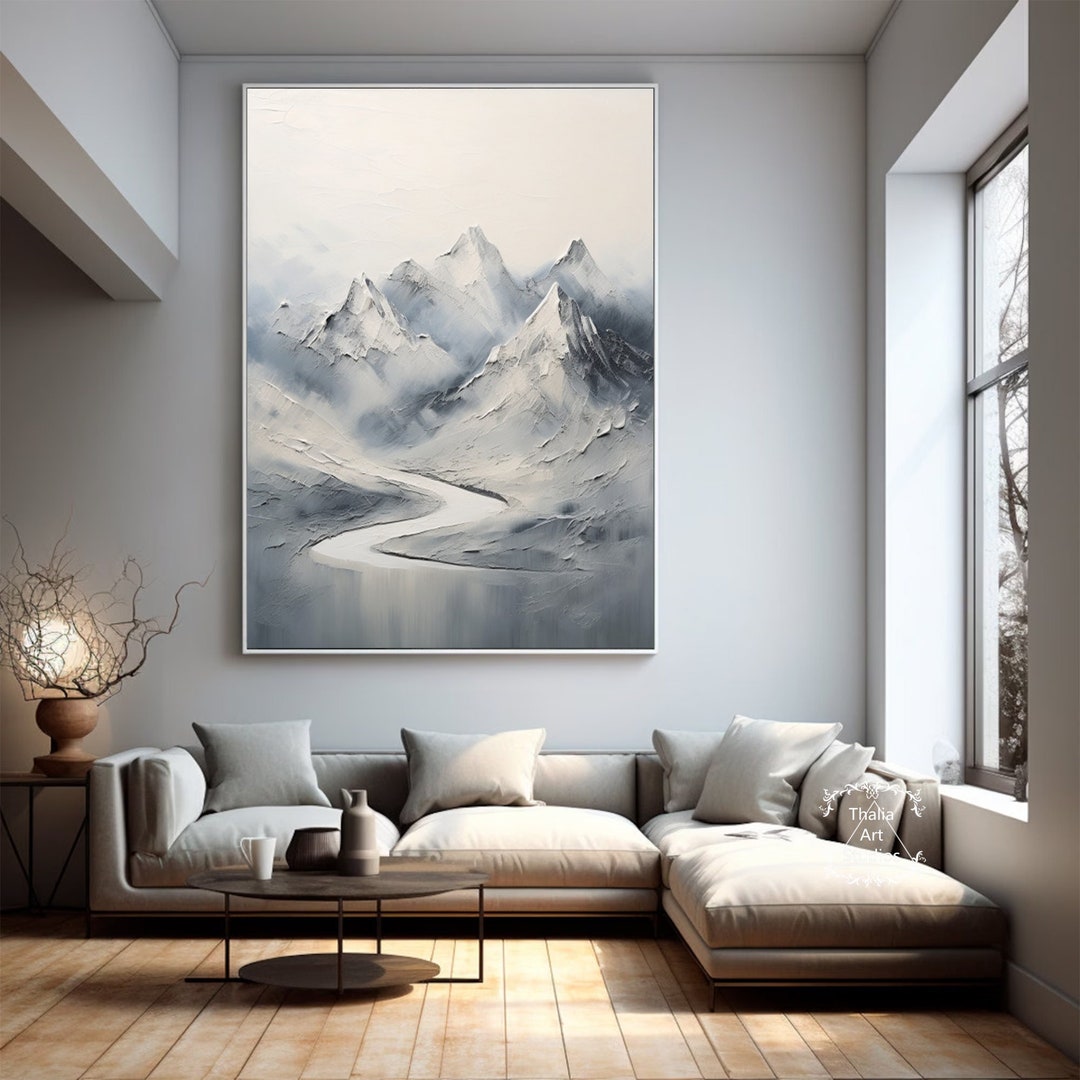 Large White Abstract Mountain Painting Gray Minimalist Texture Painting ...