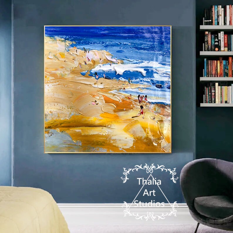 Golden Beach Abstract Painting Large Blue Ocean Abstract Wall Etsy
