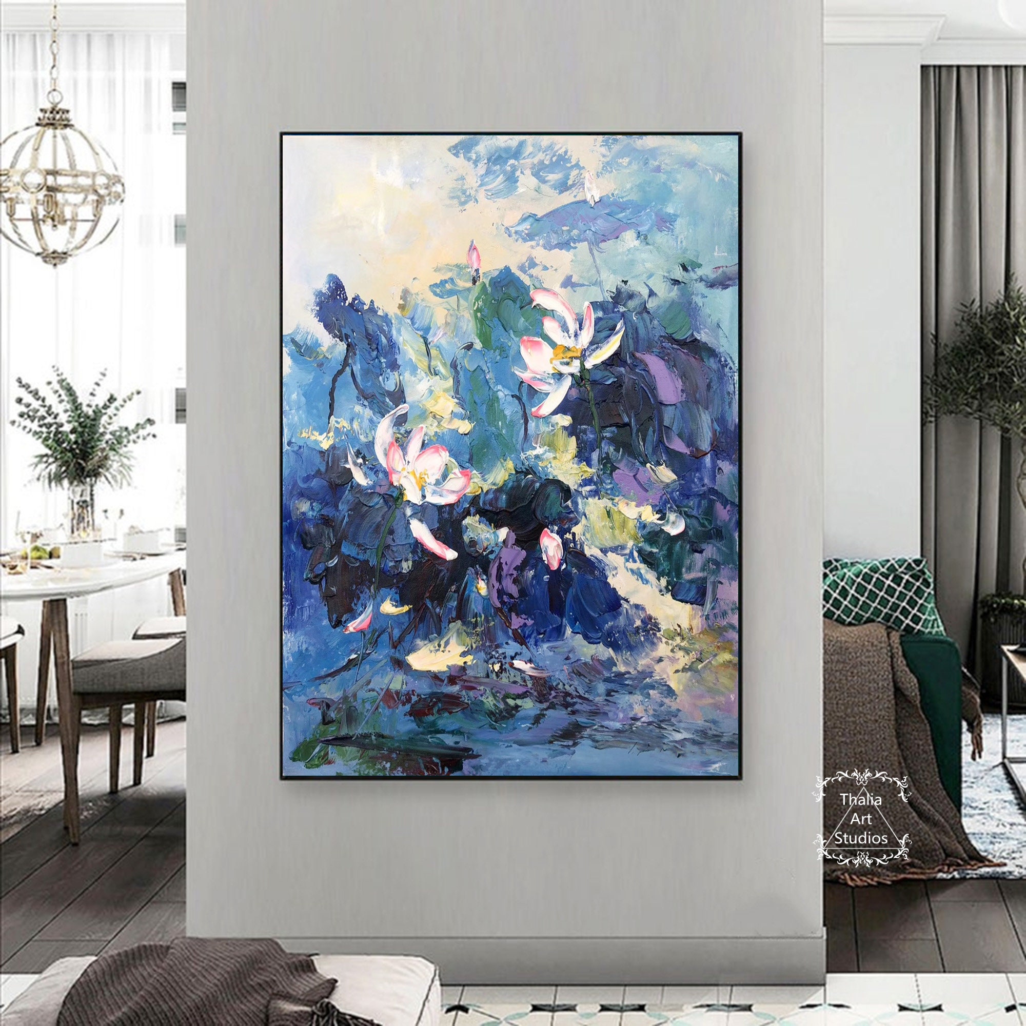 蓮の花の抽象画 キャンバスに大きな蓮の花の絵 青いアクリル抽象画 紫