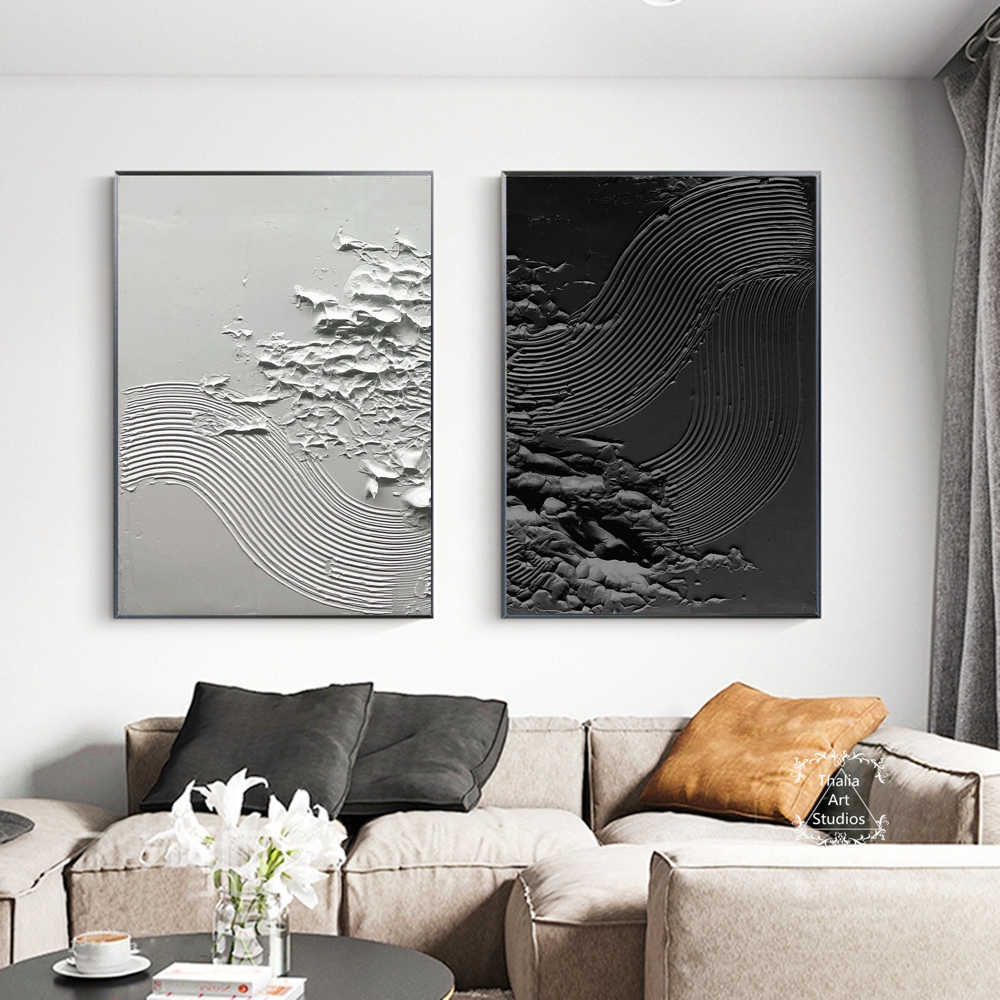 Black and White Abstract Abstract Paintings Set of 2 Black and White ...