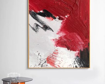 大きな赤い抽象画、白い抽象画の壁アート、モダンな赤いテクスチャ画