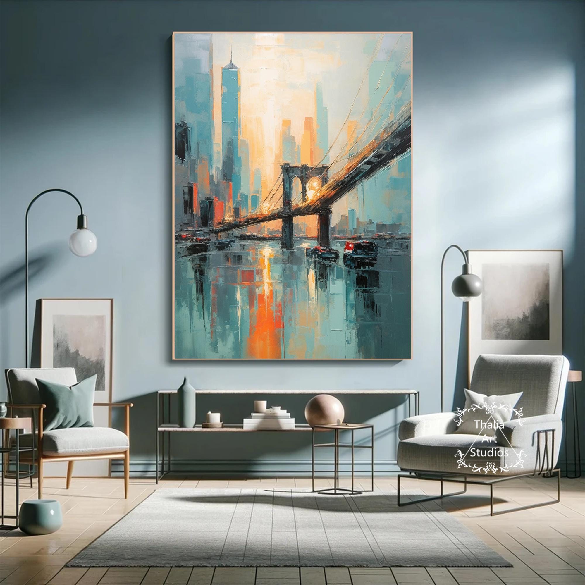 ブルックリン橋の絵画 シアン抽象都市景観 大型オリジナル都市景観絵画