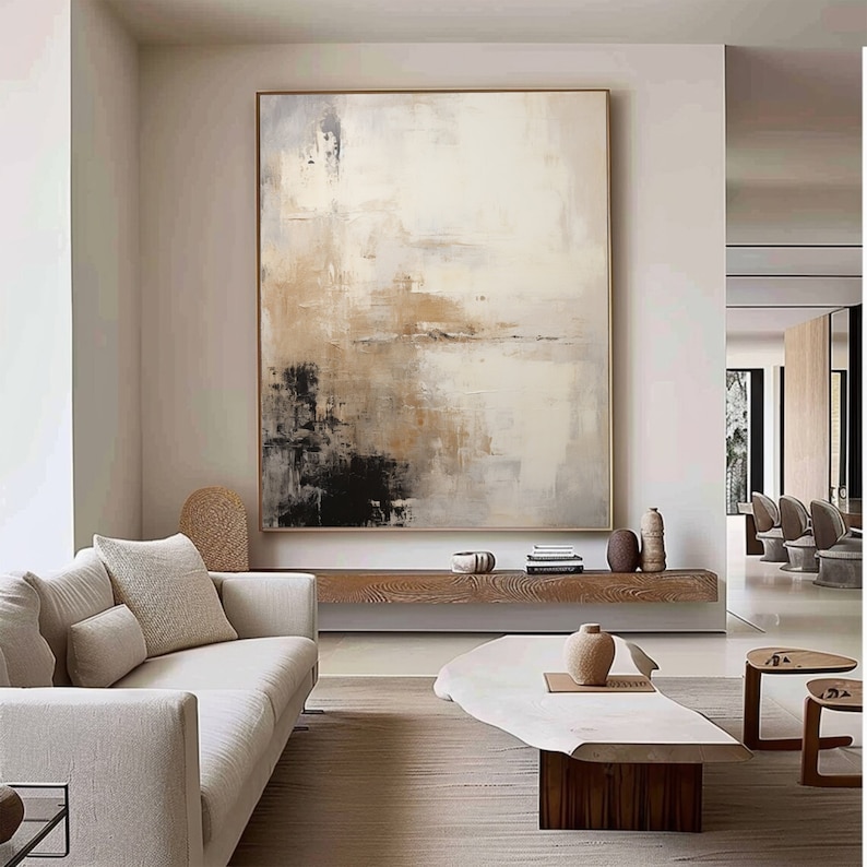 Large Beige Black Abstract Wall Art Black Textured Painting Beige Wabi ...