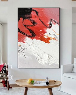 白い抽象画 大きな赤いテクスチャ画 白い抽象画 モダンなアクリル画