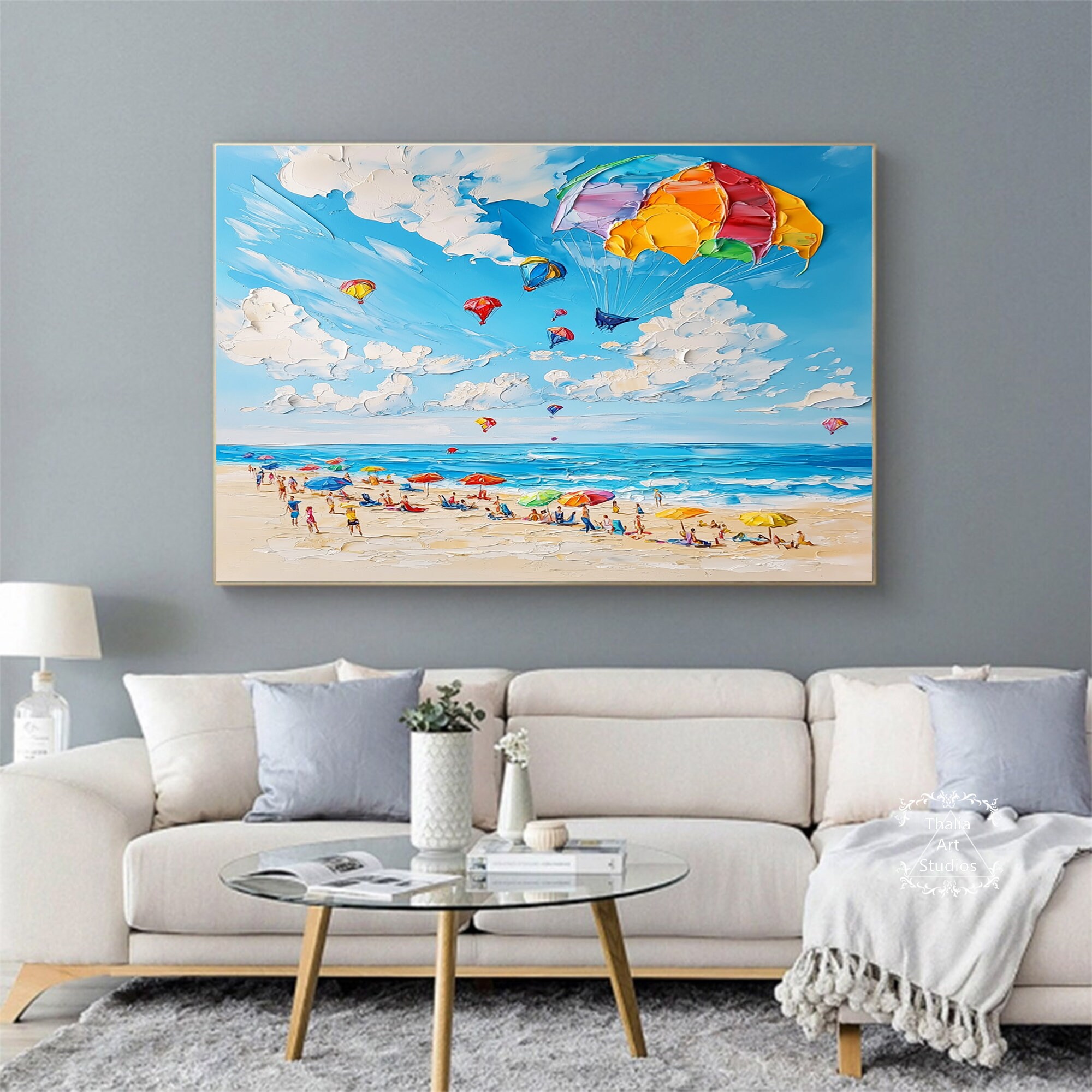 大きなカラフルな抽象的なビーチテクスチャ絵画青い海の絵画カラフルな