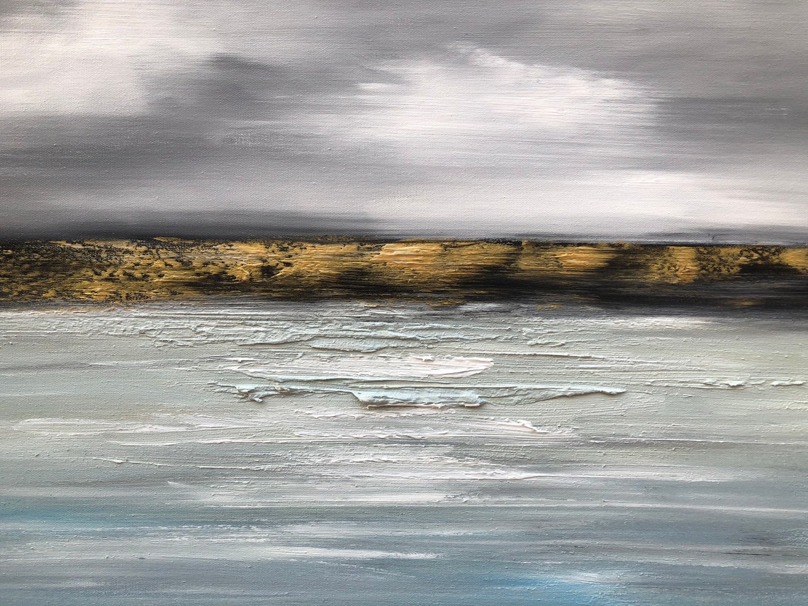 Large abstract original sea painting gold blue ocean sky Etsy
