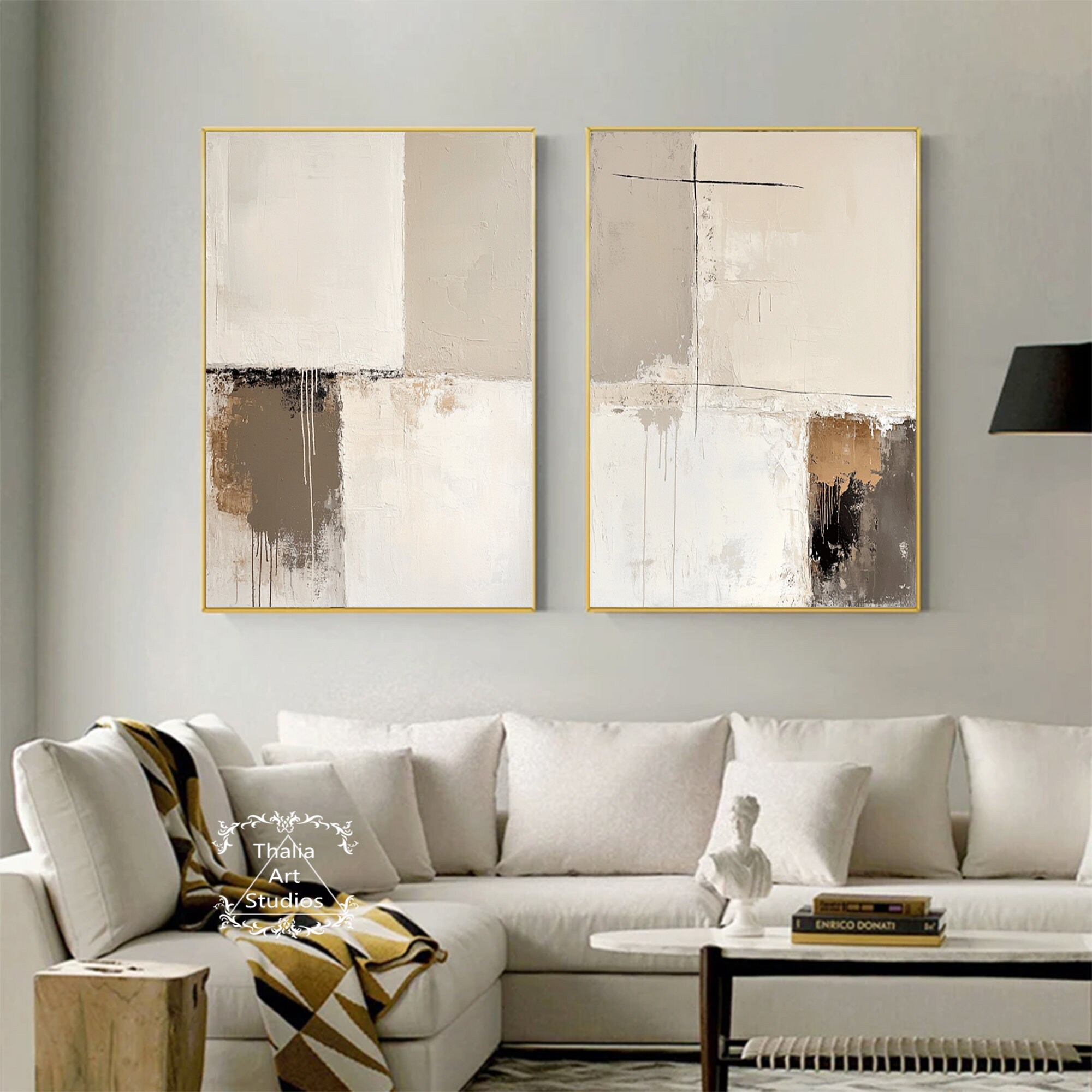 Large Grey Beige Abstract Paintings Minimalist Geometric Wall Art Set ...