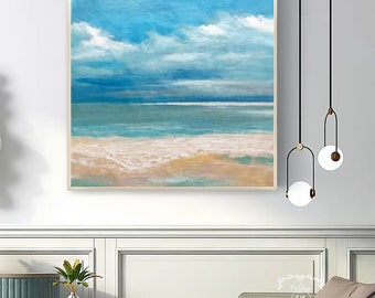 大きなテクスチャーの海のアクリル画 額入りの海の絵 キャンバスに描か