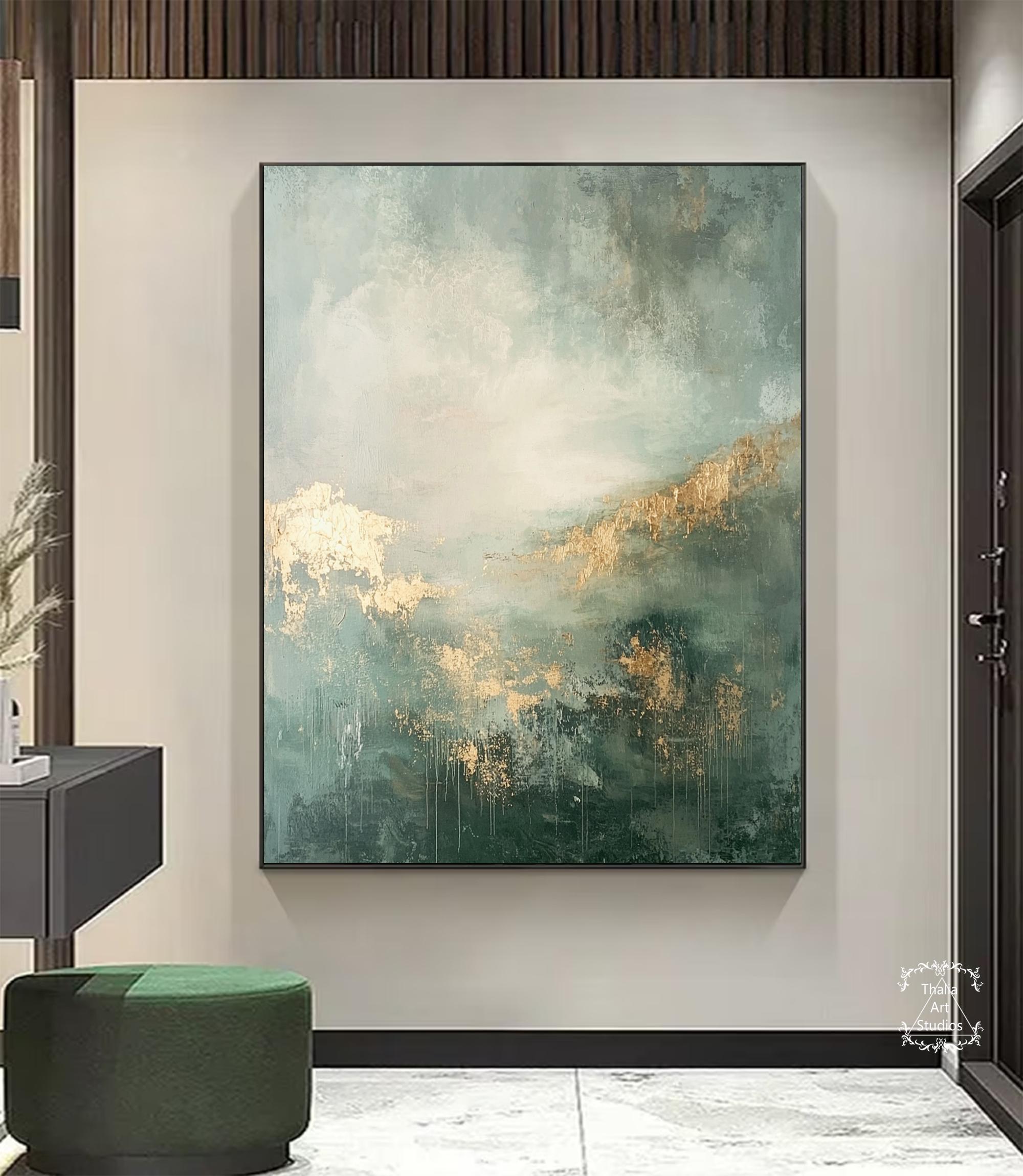 Large Dark Green Abstract Oil Painting Green Minimalist Wall Art Gold ...