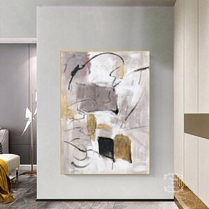 Large Minimalist Abstract Wall Art Large Beige Canvas Painting Gold ...