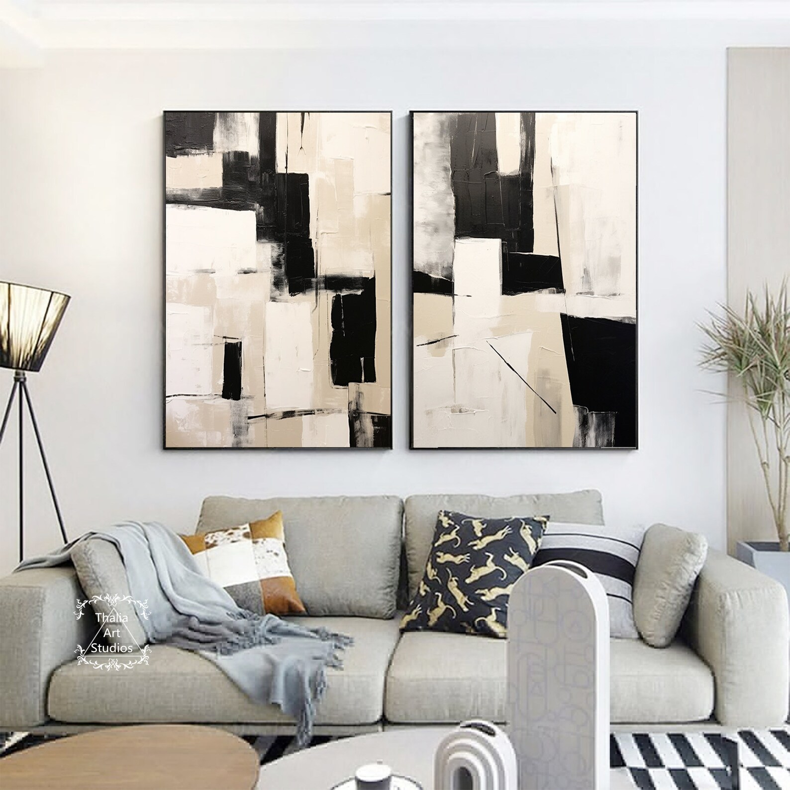 Large Black and Beige Abstract Painting Black Geometric Abstract Wall ...