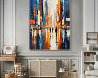 テクスチャのある都市景観キャンバス絵画、モダンな都市の壁アート都市