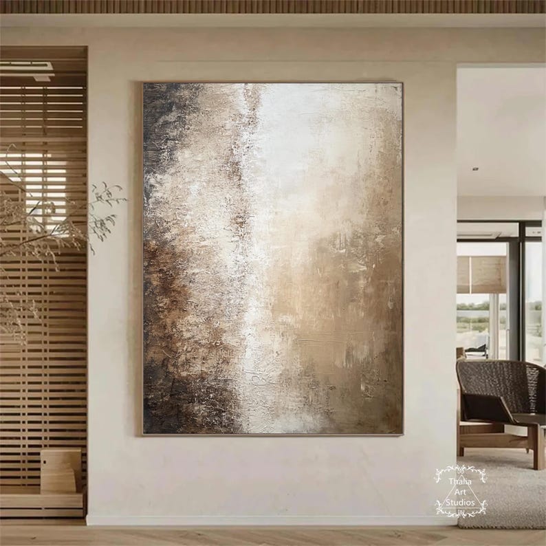 Original Beige Abstract Painting Large Brown Wall Art Black Minimalist ...