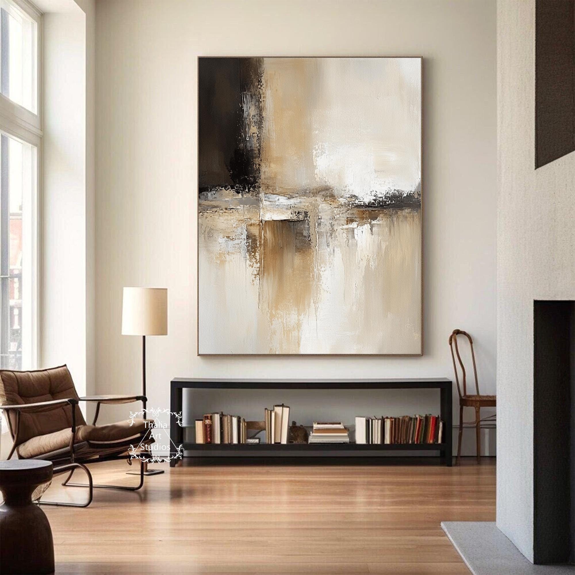 Large Brown Beige Wall Art Original Black Abstract Painting Beige ...