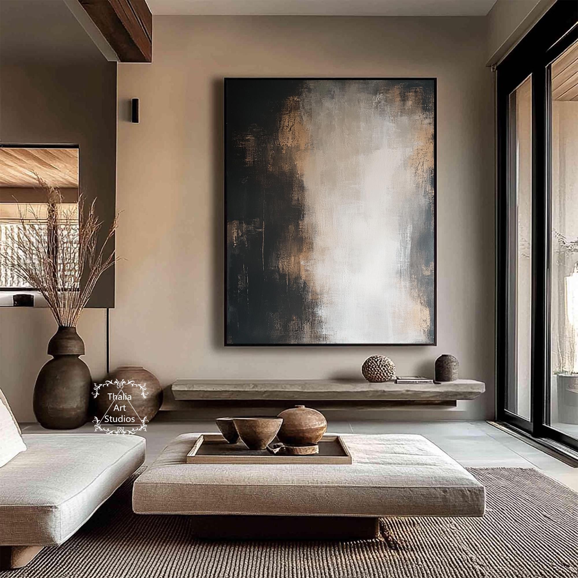 Peinture Murale 3D Moderne Wabi-Sabi - 60x90 Cm, Cadre Noir, Tons Beige Et Noir, Décoration Salon/chambre - 7