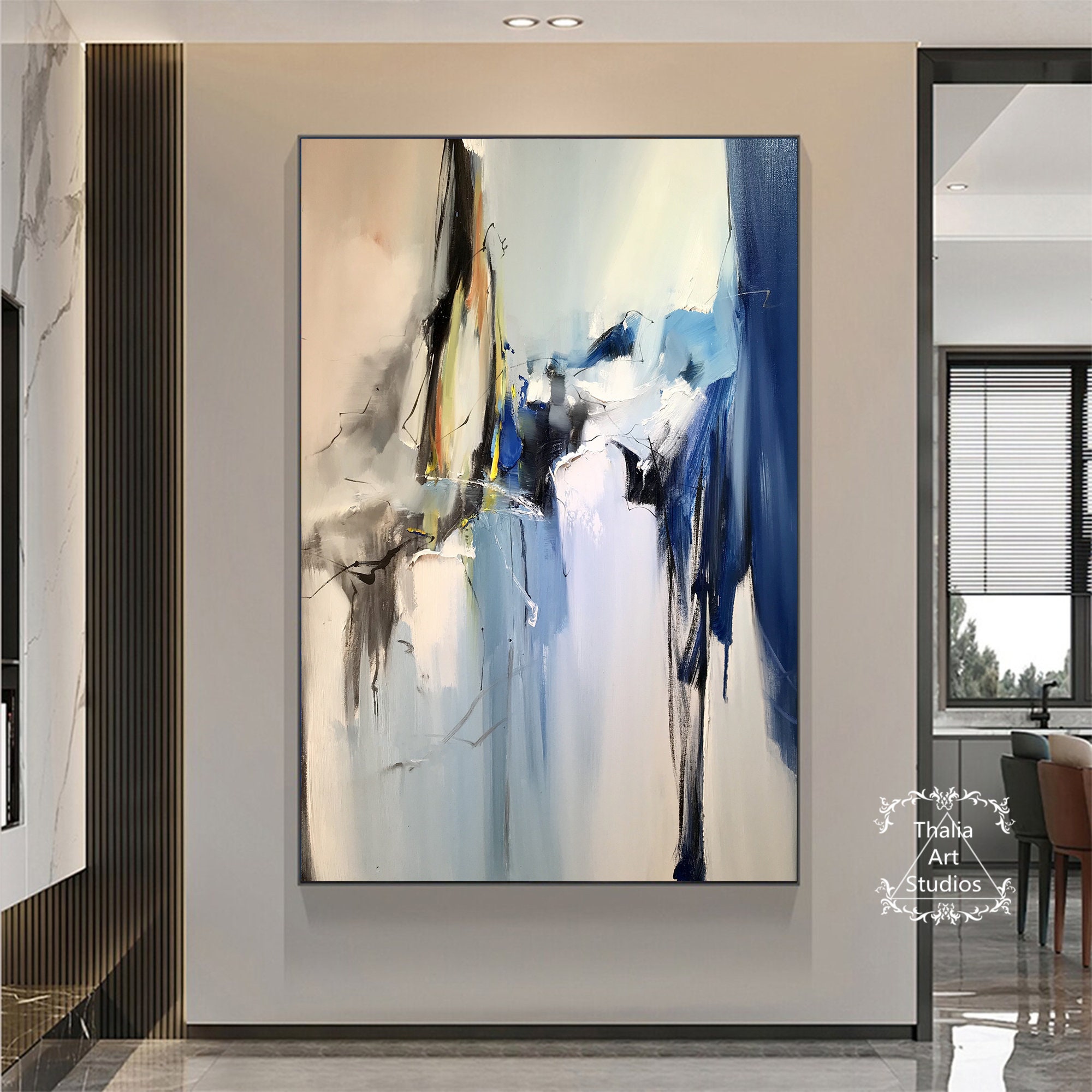 オリジナルの抽象ミニマリスト絵画、大きな青いキャンバスの抽象画、青