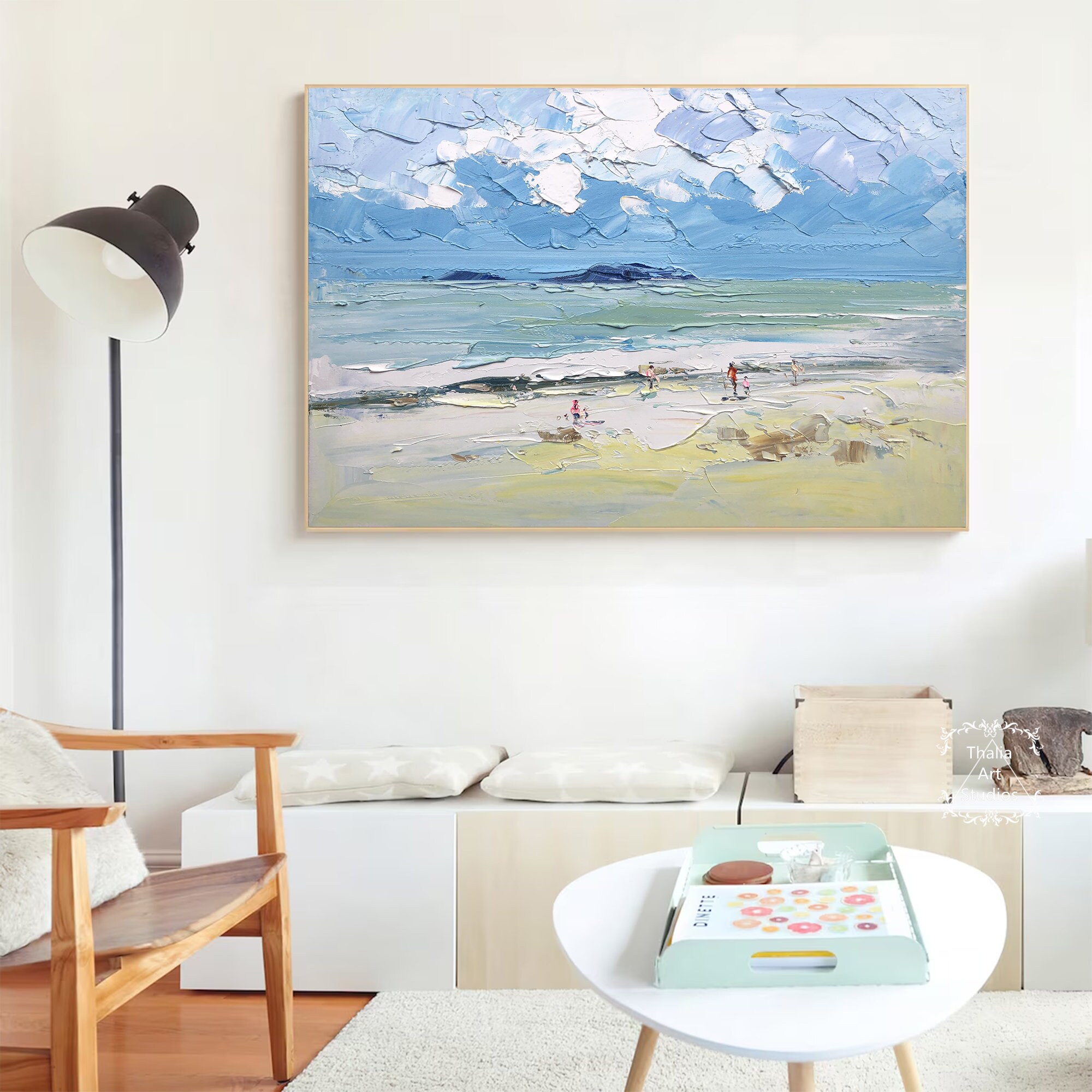 オリジナルのビーチ風景画 モダンな海景アクリル画 ビーチ抽象画