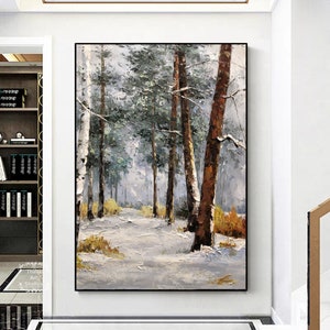 Birch Tree Oil Painting Large Tree Painting Forest Landscape Art Modern Abstract Texture Painting Green Abstract Wall Art Living Room Art