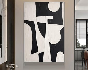 黒と白の幾何学的抽象画 大きな黒のテクスチャ抽象画 白のミニマリスト